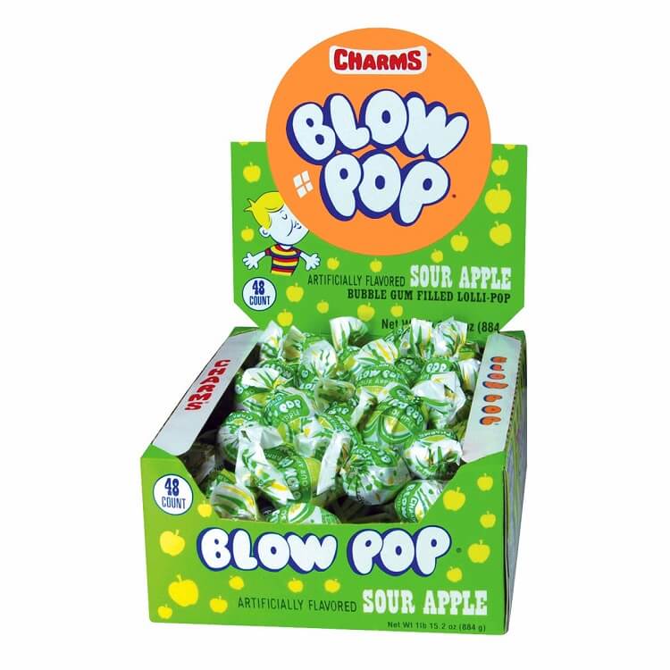 Charms Sour Apple Blowpops 48 Count Box | Bulk Lollipops ...